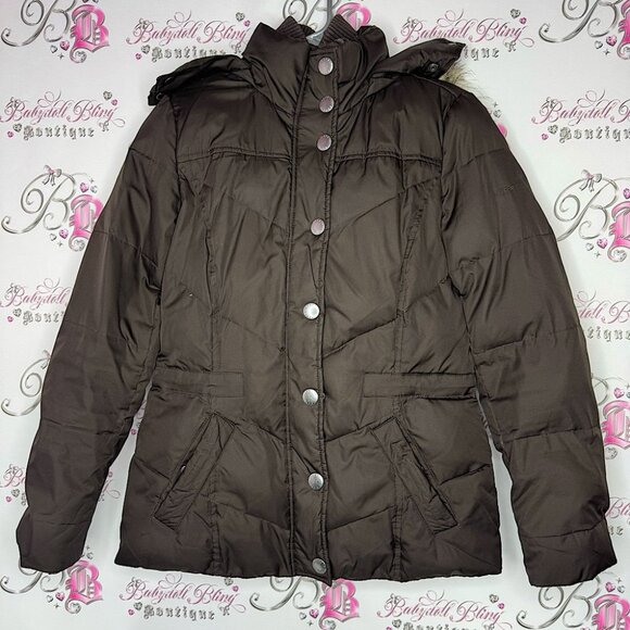 Espirit jacket coat down feather filled brown waist cinch inside button up fur